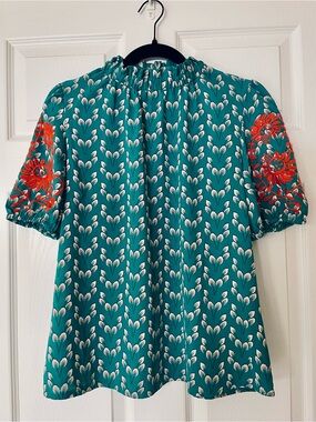 SHEIN Botanical Print Puff Sleeve Top Embroidered Sleeve Ruffle Neck